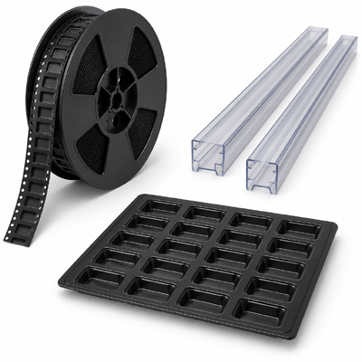 Soluzione di imballaggio dei componenti elettronici ESD configurabile con nastro portante per tubi IC, bobina di plastica e vaschette a vesciche per lo stoccaggio e il trasporto